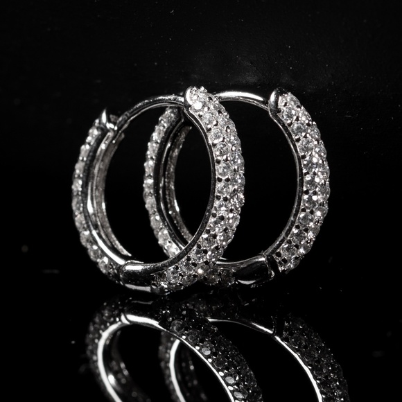 Thin White Gold 925 Sterling Silver Elegant Iced CZ Men's Huggie Hoop Earrings - Picture 1 of 4
